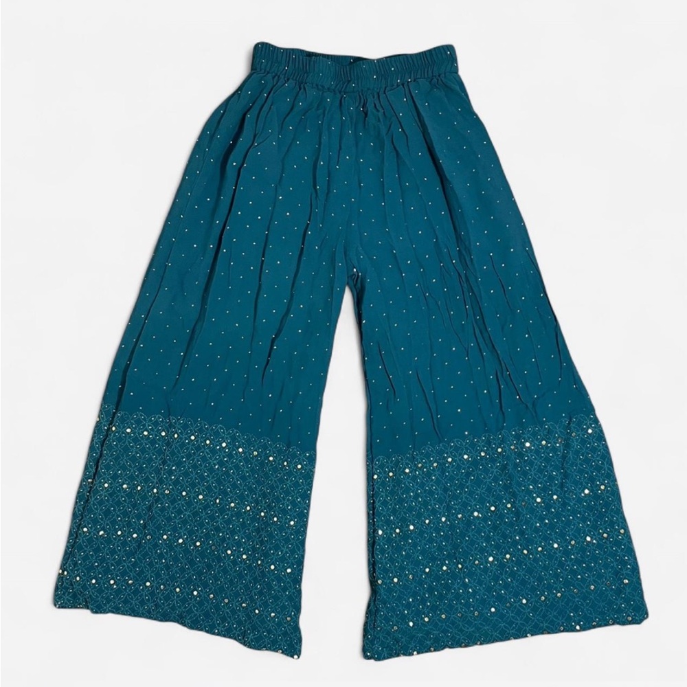 Women’s Teal Blue Boho Wide Leg Pants with Silver Sequins